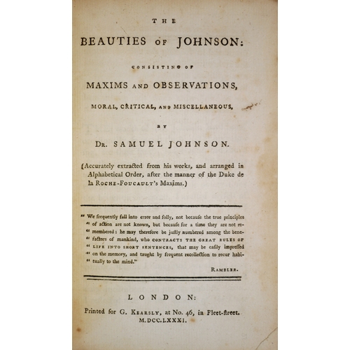 639 - Cooke (William), The Beauties of Johnson, G. Kearsley, 1781 § Piozzi (Hester Lynch) Anecdotes of th... 