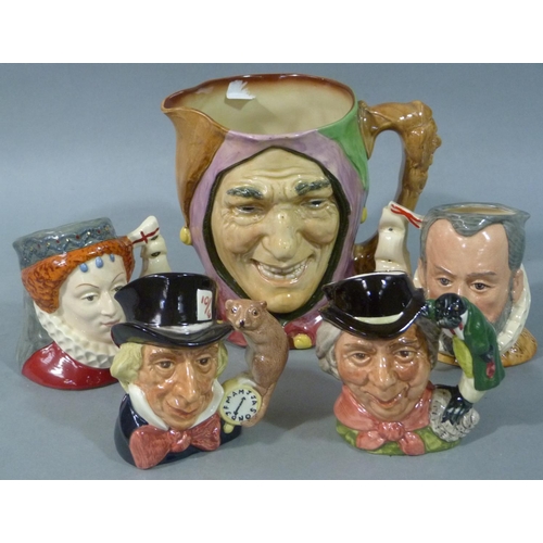 211 - Five Royal Doulton character jugs including large touchstone, small Walrus and Carpenter, Mad Hatter... 