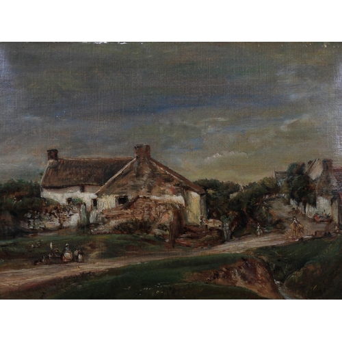 247 - English School, 19th century, Hamlet with countrywoman and her spinning wheel beside the road, oil o... 