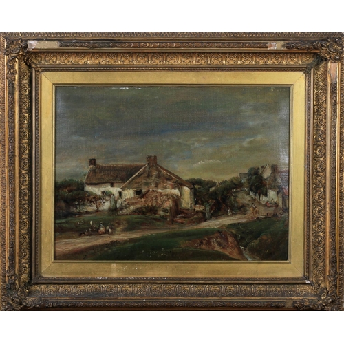 247 - English School, 19th century, Hamlet with countrywoman and her spinning wheel beside the road, oil o... 