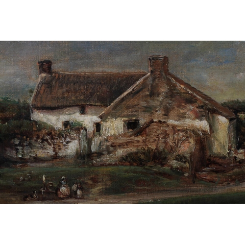 247 - English School, 19th century, Hamlet with countrywoman and her spinning wheel beside the road, oil o... 
