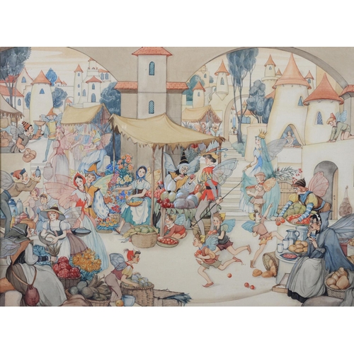 264 - ARR Patience Arnold (1901-1992) Fairyland market place with fairy folk buying flowers, fruit, basket... 