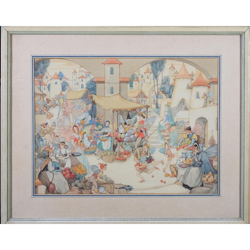 264 - ARR Patience Arnold (1901-1992) Fairyland market place with fairy folk buying flowers, fruit, basket... 
