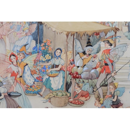 264 - ARR Patience Arnold (1901-1992) Fairyland market place with fairy folk buying flowers, fruit, basket... 