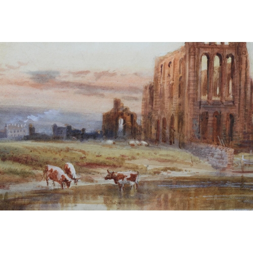 444 - J W WILLIAMS (fl.1900-1920) The Abbey, Whitby, with cattle watering, the town and abbey beyond, wate... 