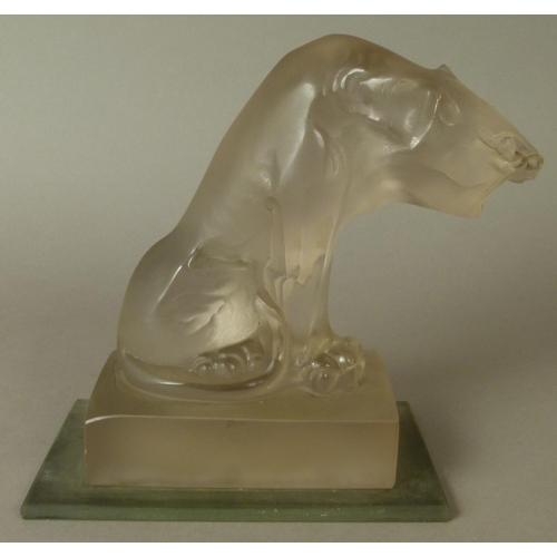 204 - AN ART DECO FROSTED GLASS SCULPTURE OF A LARGE PANTHER, sitting on a rectangular plinth base, 19cm h... 