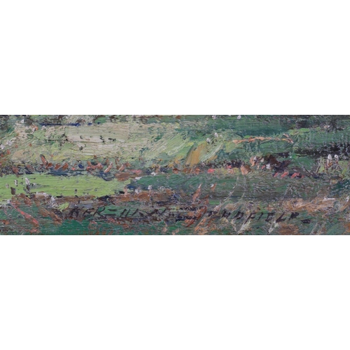 430 - KERSHAW SCHOFIELD (1872-1941) Sheep grazing in a meadow, oil on board, signed to lower left, 40.5cm ... 