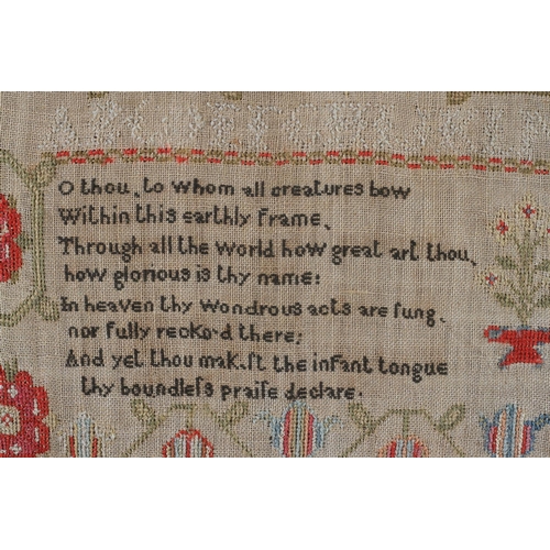 11 - AN EARLY 19TH CENTURY SAMPLER worked by Rebecca Cooper aged 11, 1832, with text, flowering trees and... 