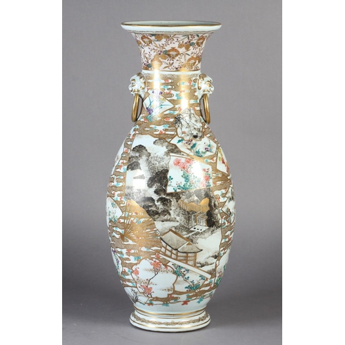 110 - A JAPANESE VASE c.1900 of baluster form painted with flowers, birds and pavilions in shaped panels, ... 