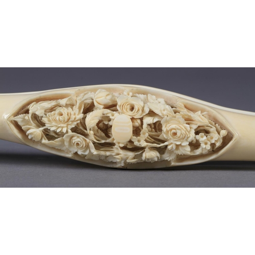 115 - A PAIR OF JAPANESE IVORY GLOVE STRETCHERS carved in relief with figures at leisure on terraces risin... 