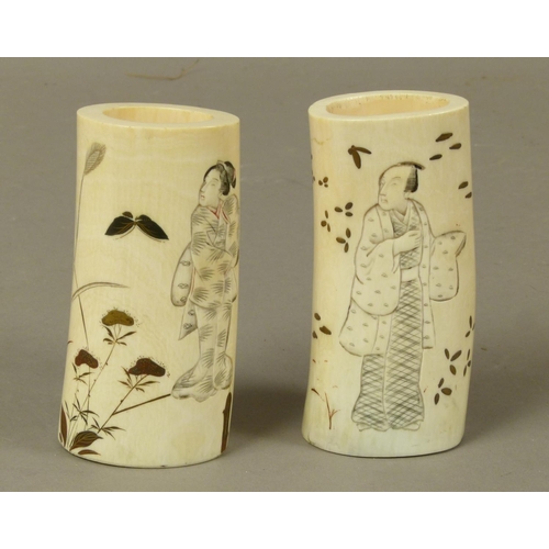 116 - A PAIR OF JAPANESE SHIBIYAMA IVORY TUSK VASES, Meiji period, carved in relief with bijin, gilt with ... 