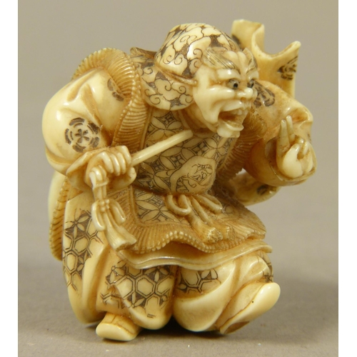 117 - A JAPANESE IVORY NETSUKE, MEIJI PERIOD, carved as a noh player wearing Shikami mask representing a d... 