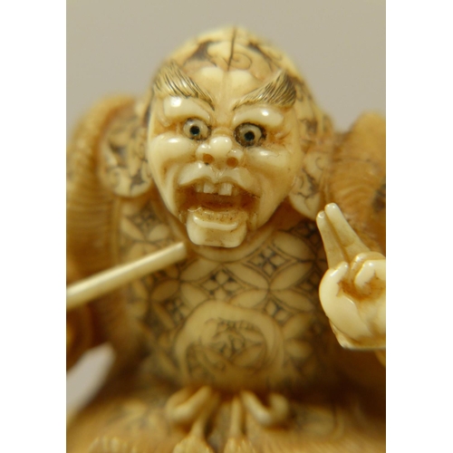 117 - A JAPANESE IVORY NETSUKE, MEIJI PERIOD, carved as a noh player wearing Shikami mask representing a d... 