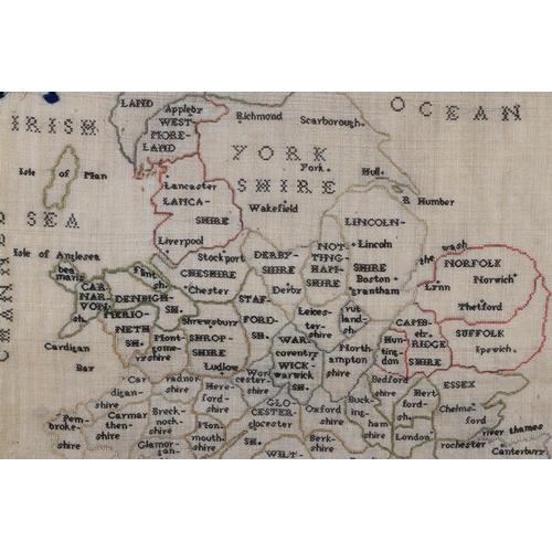 12 - AN EARLY 19TH CENTURY EMBROIDERED MAP OF ENGLAND AND WALES worked by Mary Fraser at Mary Lawson's Sc... 