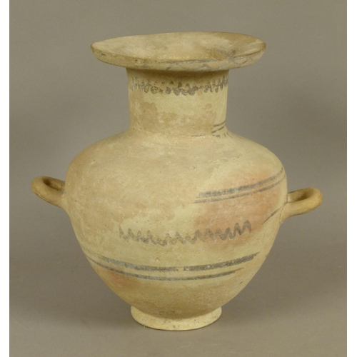 128 - AN ANCIENT GREEK OR SOUTHERN MEDITERRANEAN THREE HANDLED AMPHORA with cylindrical neck and wide rim,... 