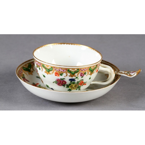 131 - A RARE CHAMPION'S BRISTOL CUP, SAUCER AND SPOON OF THE DANIEL LUDLOW SERVICE, painted with bouquets ... 