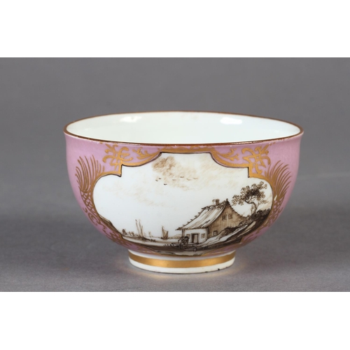 136 - A MEISSEN LILAC GROUND TEA BOWL, finely painted in black with ships at anchor, a town beyond, the re... 