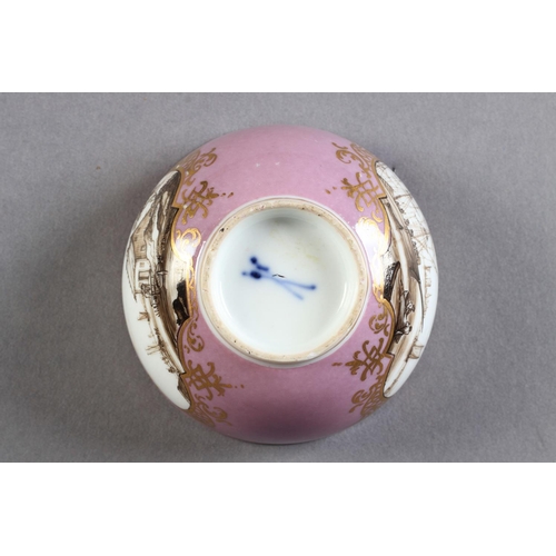 136 - A MEISSEN LILAC GROUND TEA BOWL, finely painted in black with ships at anchor, a town beyond, the re... 