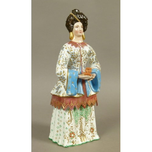 140 - AN EARLY 19TH CENTURY JACOB PETIT TWO PART ROSEWATER FLASK modelled as a female carrying a plate of ... 