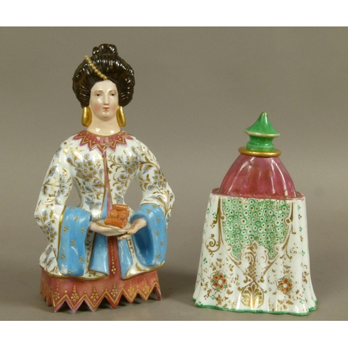 140 - AN EARLY 19TH CENTURY JACOB PETIT TWO PART ROSEWATER FLASK modelled as a female carrying a plate of ... 