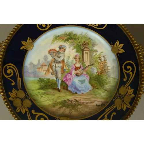 150 - A PAIR OF LATE 19TH CENTURY FRENCH PORCELAIN AND GILT BRONZE MOUNTED TAZZAE, circular painted to the... 