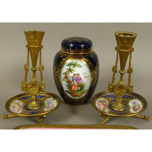 152 - A PAIR OF LATE 19TH CENTURY FRENCH PORCELAIN AND GILT BRONZE MOUNTED PEN TRAYS, each oblong dish pai... 