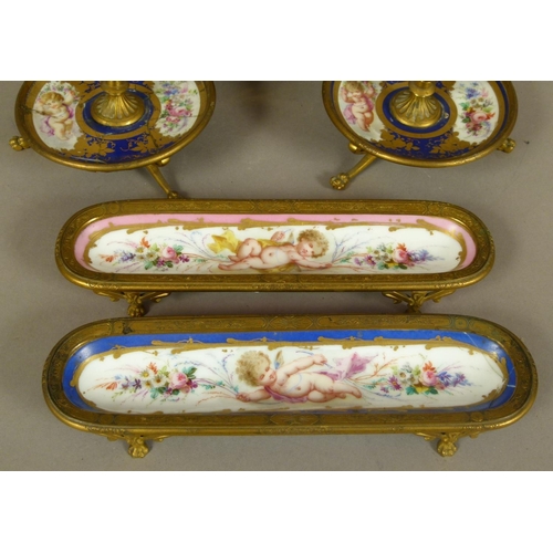 152 - A PAIR OF LATE 19TH CENTURY FRENCH PORCELAIN AND GILT BRONZE MOUNTED PEN TRAYS, each oblong dish pai... 