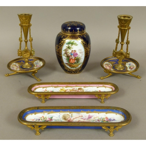 152 - A PAIR OF LATE 19TH CENTURY FRENCH PORCELAIN AND GILT BRONZE MOUNTED PEN TRAYS, each oblong dish pai... 