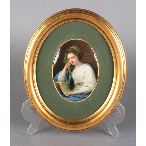 154 - A VIENNA OVAL PORCELAIN PLAQUE, half length portrait of Angelica Kaufman, 1860, seated with plaid ha... 