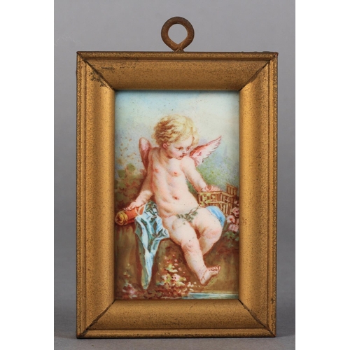 163 - A SMALL CONTINENTAL PORCELAIN RECTANGULAR PLAQUE, painted with a seated winged amorini, 6.5cm x 4cm,... 