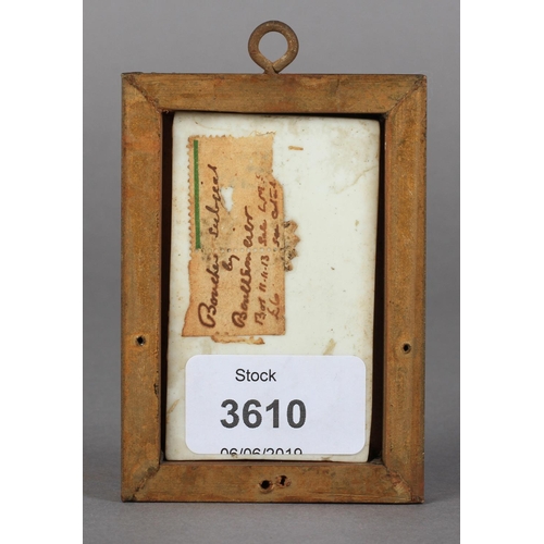 163 - A SMALL CONTINENTAL PORCELAIN RECTANGULAR PLAQUE, painted with a seated winged amorini, 6.5cm x 4cm,... 