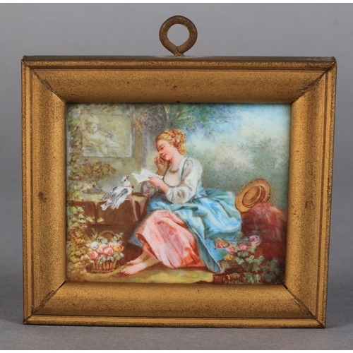 164 - A SMALL CONTINENTAL PORCELAIN RECTANGULAR PLAQUE, painted with a seated female reading a letter, a d... 