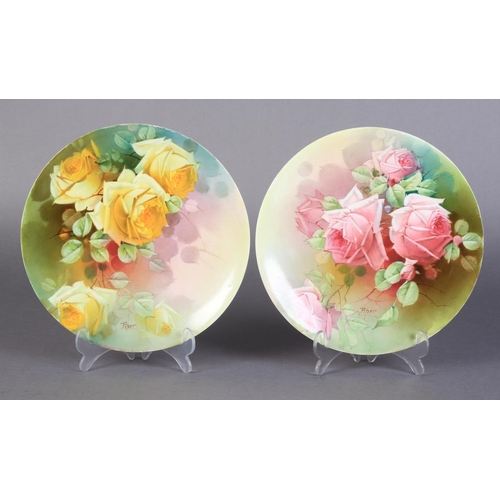 166 - A PAIR OF ROYAL DOULTON CABINET PLATES BY HARRY PIPER, one painted with pink roses, the other yellow... 