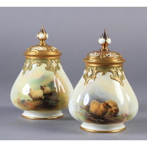 168 - A PAIR OF ROYAL WORCESTER FLUTED SACK SHAPED VASES and covers finely painted with sheep in mountaino... 