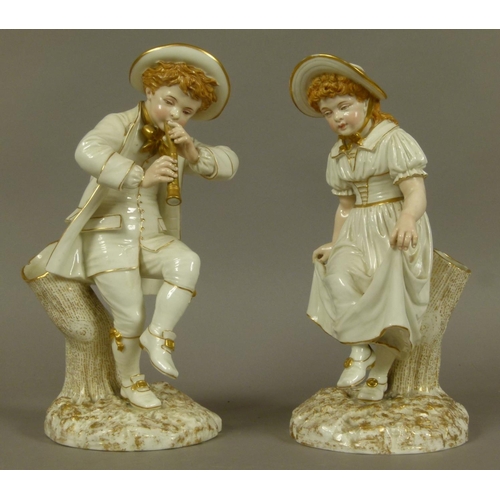 169 - A PAIR OF ROYAL WORCESTER PORCELAIN FIGURES, model 1070, as a young boy playing a recorder and danci... 