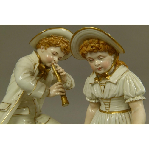 169 - A PAIR OF ROYAL WORCESTER PORCELAIN FIGURES, model 1070, as a young boy playing a recorder and danci... 