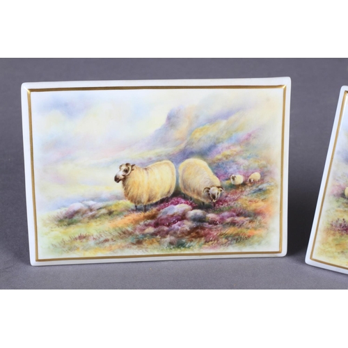 172 - A PAIR OF ROYAL WORCESTER RECTANGULAR PLAQUES painted with sheep in extensive misty moorland landsca... 