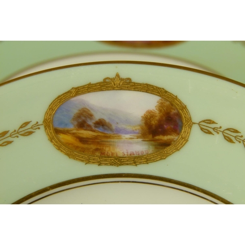 175 - A ROYAL WORCESTER CIRCULAR CABINET PLATE, the pale green rim with an oval reserve painted by Davis, ... 