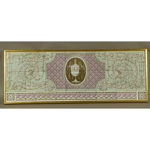 177 - AN EDWARD VII FRAMED TILE PANEL, the lilac glazed panel centred on a classical urn, framed by scroll... 