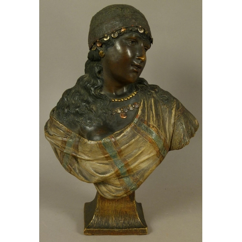 178 - A 19TH CENTURY GOLDSCHEIDER GLAZED BLONDE TERRACOTTA BUST modelled as a young arab girl, head and sh... 