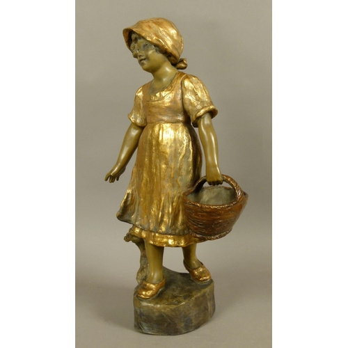 179 - A 19TH CENTURY GOLDSCHEIDER GLAZED BLONDE TERRACOTTA FIGURE of a young girl carrying a basket, rusti... 