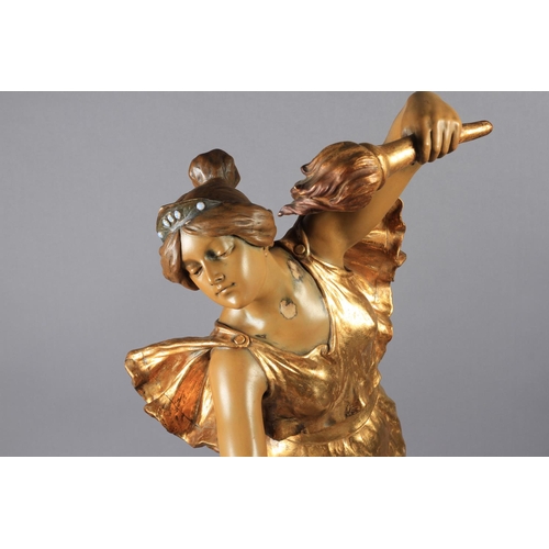 180 - A GOLDSCHEIDER ART NOUVEAU FIGURE - Rose, she carries a flambeau torch in each hand and wears a flow... 