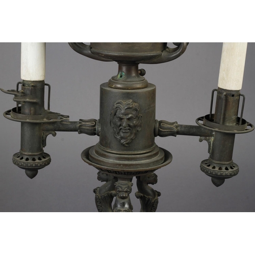 19 - A REGENCY BRONZE COLZA OIL TWIN BRANCH LAMP the two arms issuing from the socle of an urn with cover... 