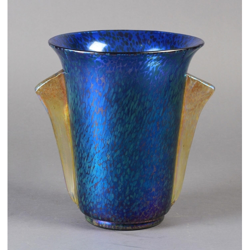 196 - A LARGE LOETZ IRIDESCENT BLUE GLASS two handled vase of Art Deco style, the flared body with pair of... 