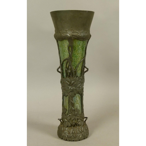 197 - A ROYAL-ZINN PEWTER MOUNTED LOETZ STYLE glass Art Nouveau vase of waisted cylindrical form, the body... 