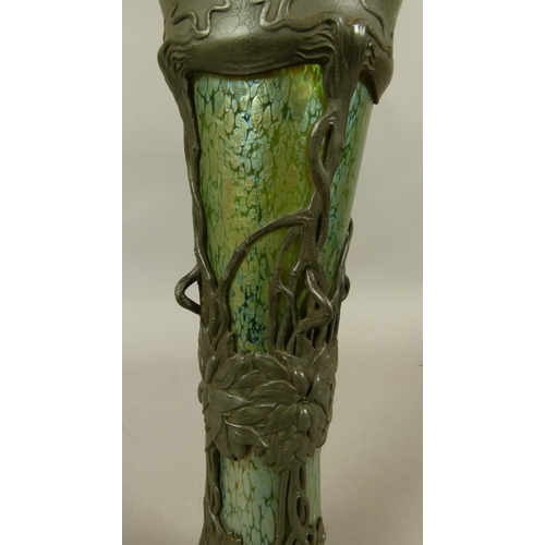 197 - A ROYAL-ZINN PEWTER MOUNTED LOETZ STYLE glass Art Nouveau vase of waisted cylindrical form, the body... 