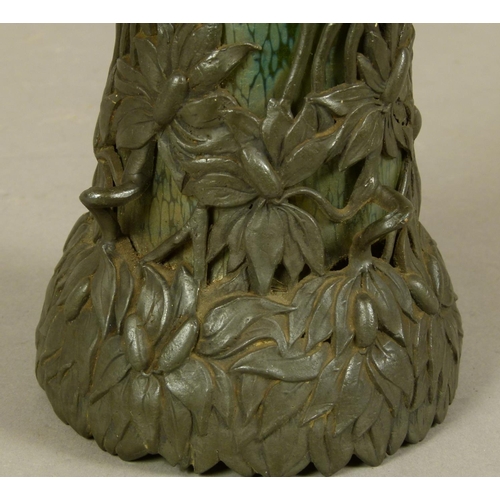 197 - A ROYAL-ZINN PEWTER MOUNTED LOETZ STYLE glass Art Nouveau vase of waisted cylindrical form, the body... 