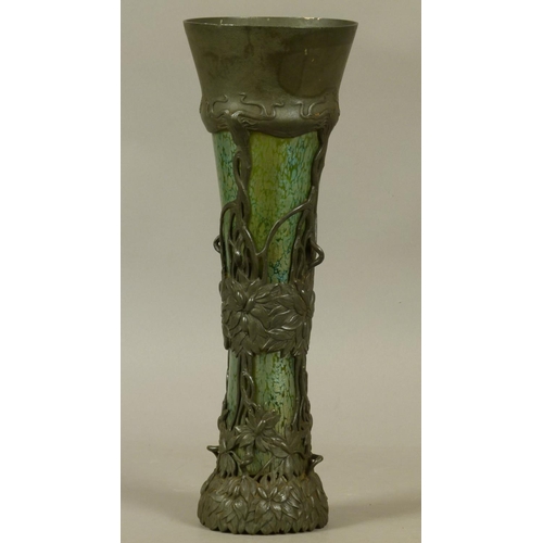 197 - A ROYAL-ZINN PEWTER MOUNTED LOETZ STYLE glass Art Nouveau vase of waisted cylindrical form, the body... 