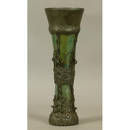 197 - A ROYAL-ZINN PEWTER MOUNTED LOETZ STYLE glass Art Nouveau vase of waisted cylindrical form, the body... 