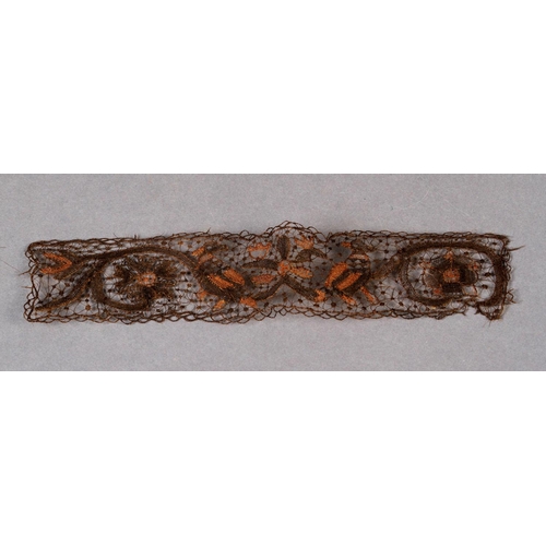 2 - A 17TH CENTURY BAND OF HAIR NEEDLE LACE, worked with birds and flowering scrolls, approximately 15cm... 